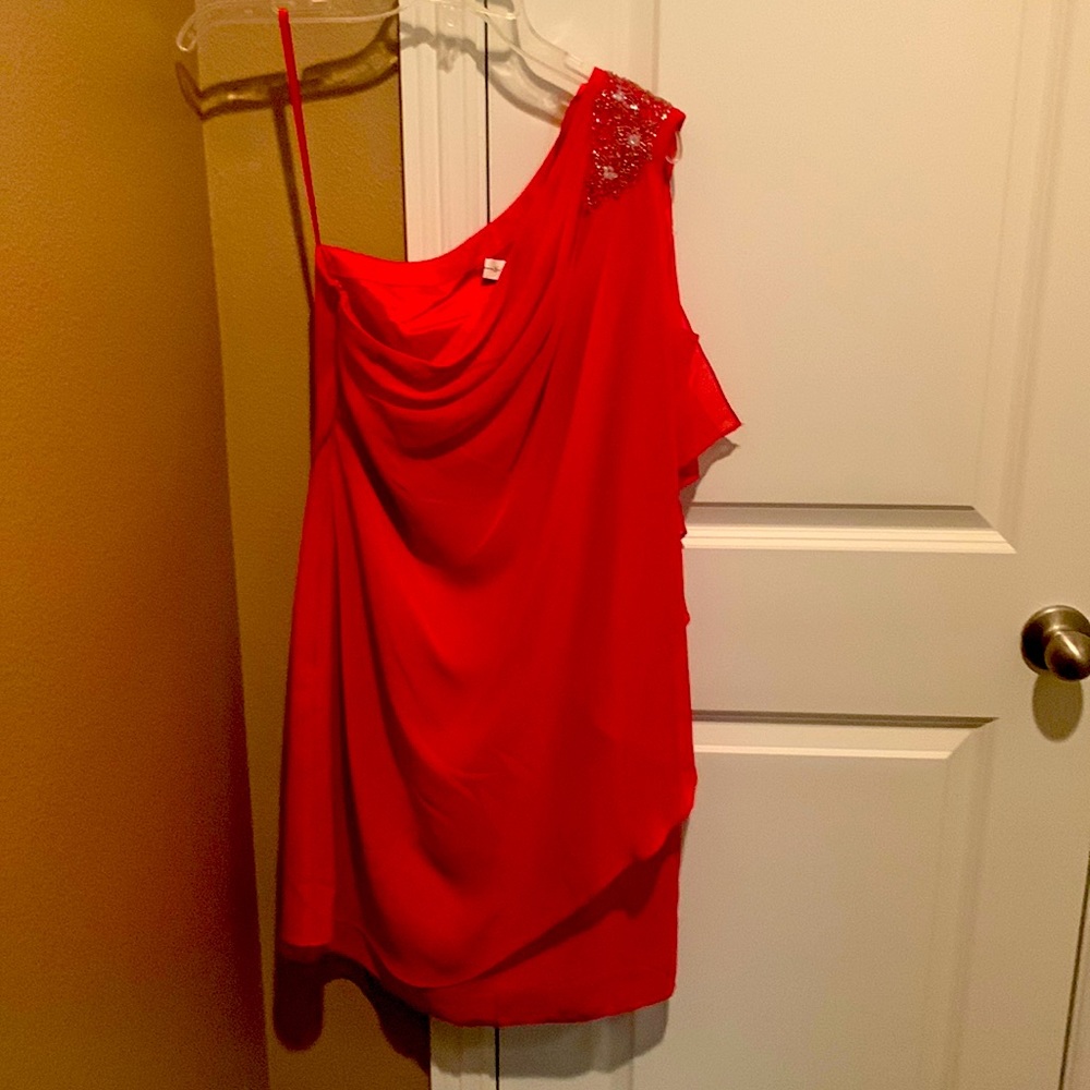 Bright red one shoulder cocktail dress …beading on shoulder, dropping on side